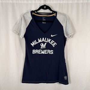Milwaukee Brewers Shirt Women's Large Blue Short Sleeve Vneck Nike Sparkle